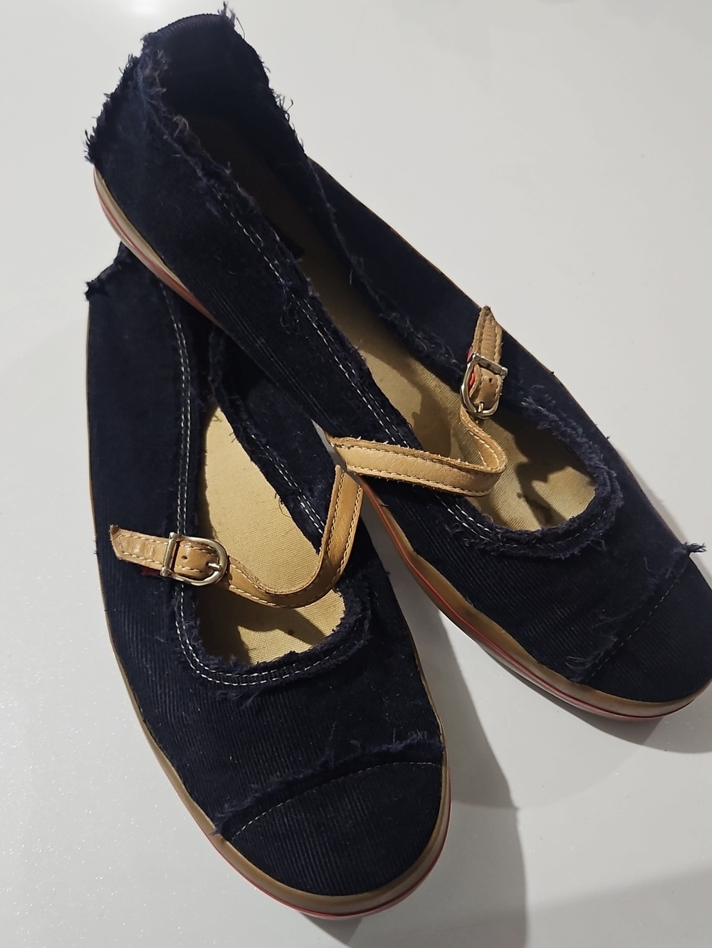 Kate Spade Women’s Navy Blue Cordoroy Mary Jane Flats with Tan Strap Sz 8.5